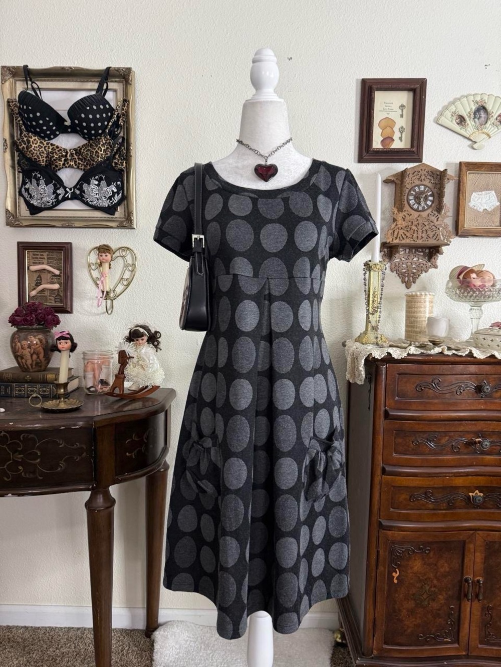 Y2k preppy girly grunge grey quirky mod style babydoll midi dress w pockets